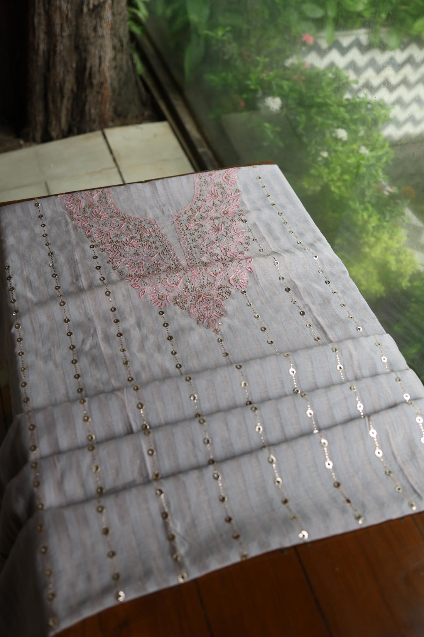 Natural Grey Mal Chanderi Chikankari With Mukaish Ring Line Unstitched Fabric