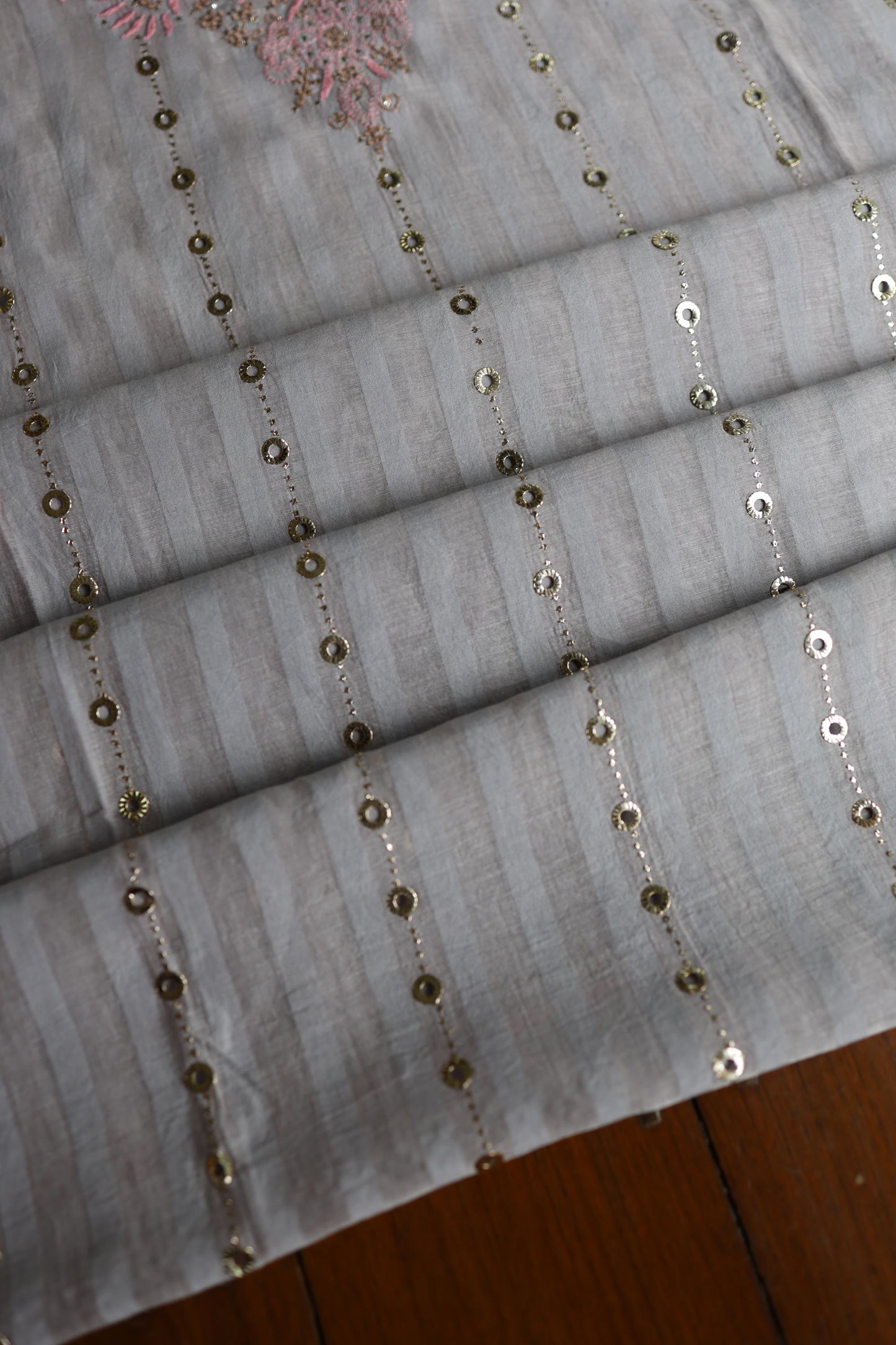 Natural Grey Mal Chanderi Chikankari With Mukaish Ring Line Unstitched Fabric