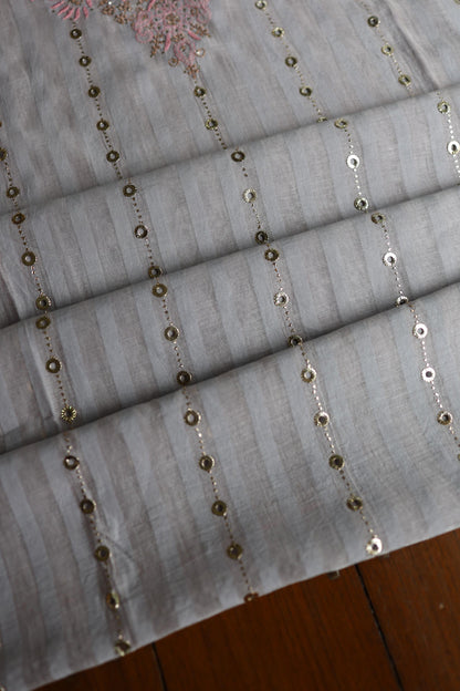 Natural Grey Mal Chanderi Chikankari With Mukaish Ring Line Unstitched Fabric