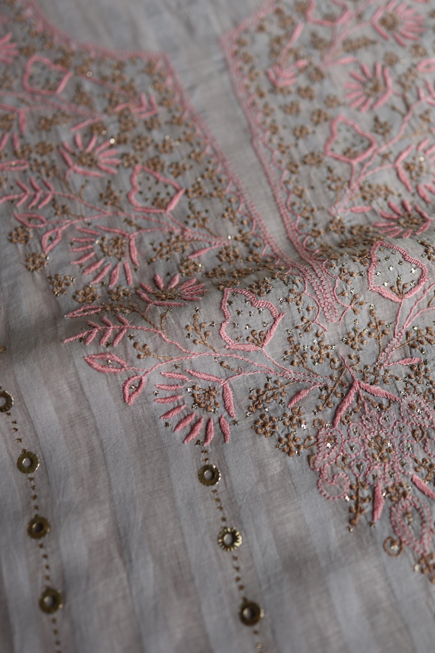 Natural Grey Mal Chanderi Chikankari With Mukaish Ring Line Unstitched Fabric