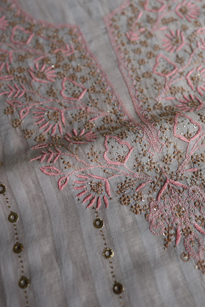 Natural Grey Mal Chanderi Chikankari With Mukaish Ring Line Unstitched Fabric