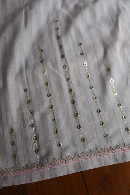 Natural Grey Mal Chanderi Chikankari With Mukaish Ring Line Unstitched Fabric