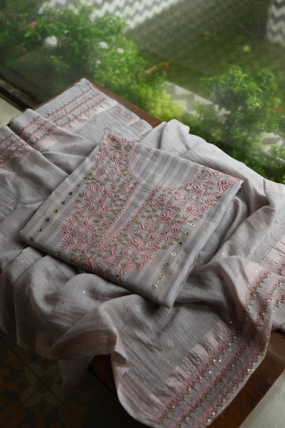 Natural Grey Mal Chanderi Chikankari With Mukaish Ring Line Unstitched Fabric
