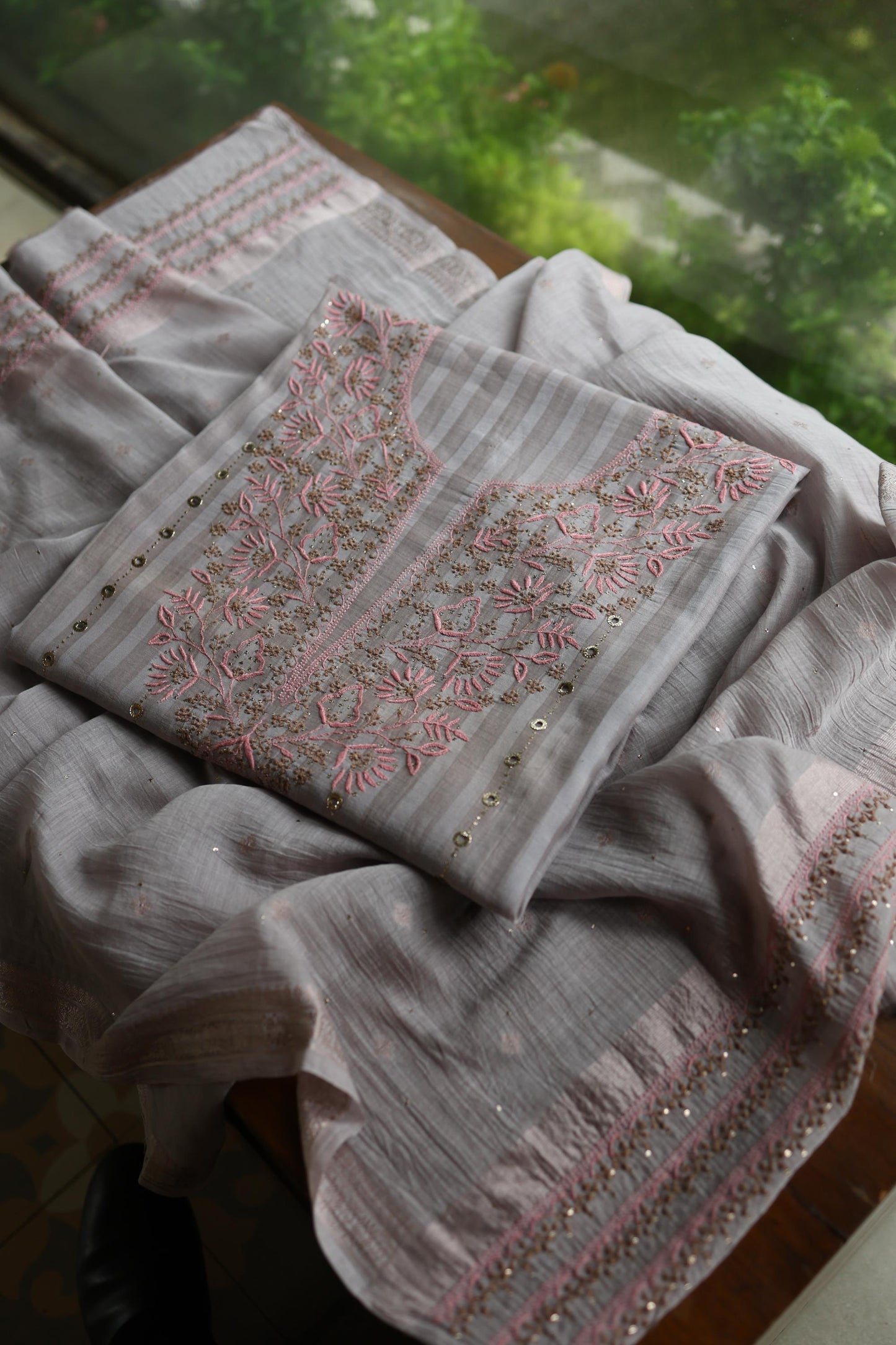Natural Grey Mal Chanderi Chikankari With Mukaish Ring Line Unstitched Fabric