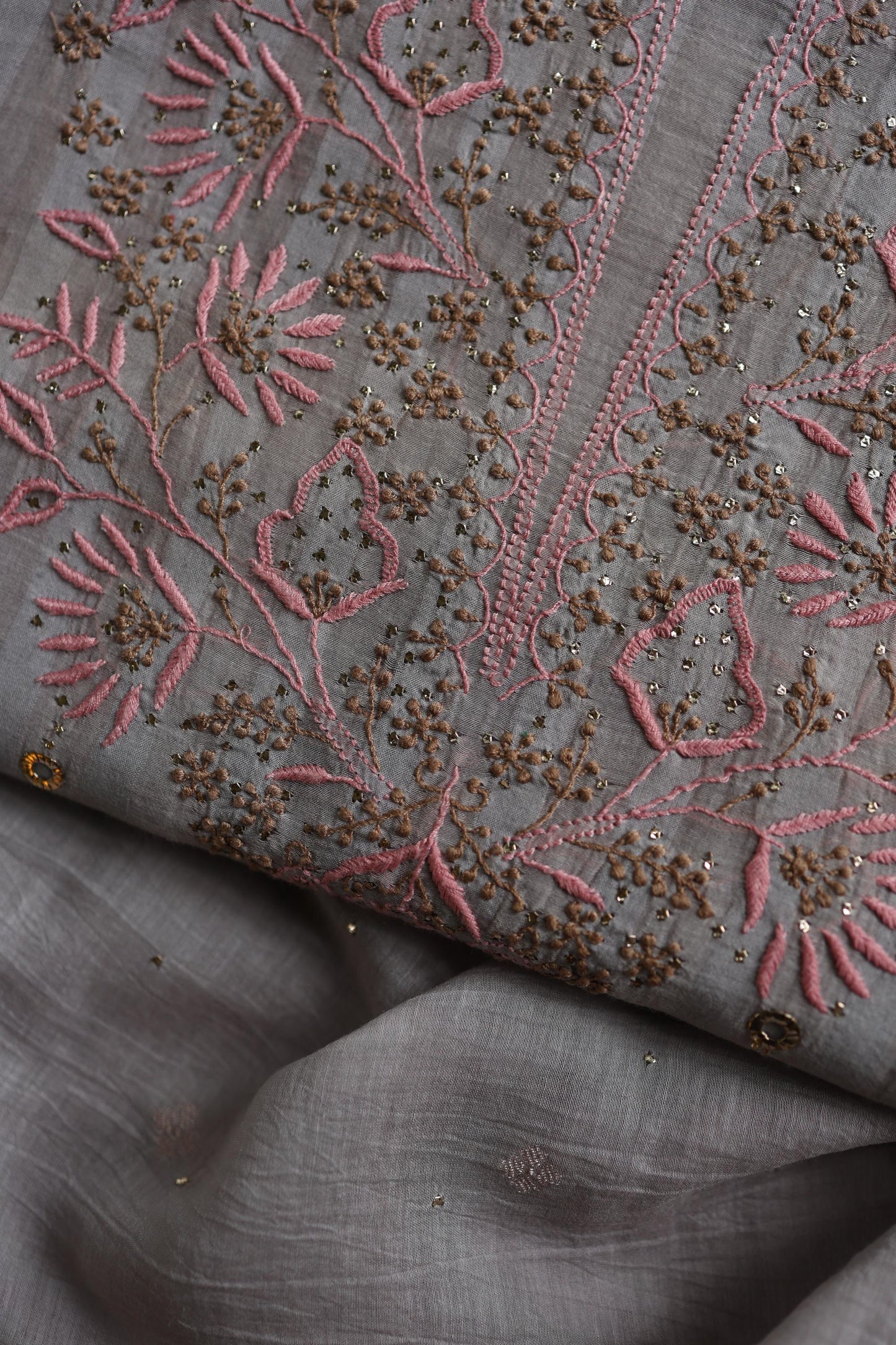 Natural Grey Mal Chanderi Chikankari With Mukaish Ring Line Unstitched Fabric