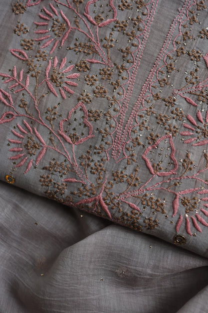 Natural Grey Mal Chanderi Chikankari With Mukaish Ring Line Unstitched Fabric