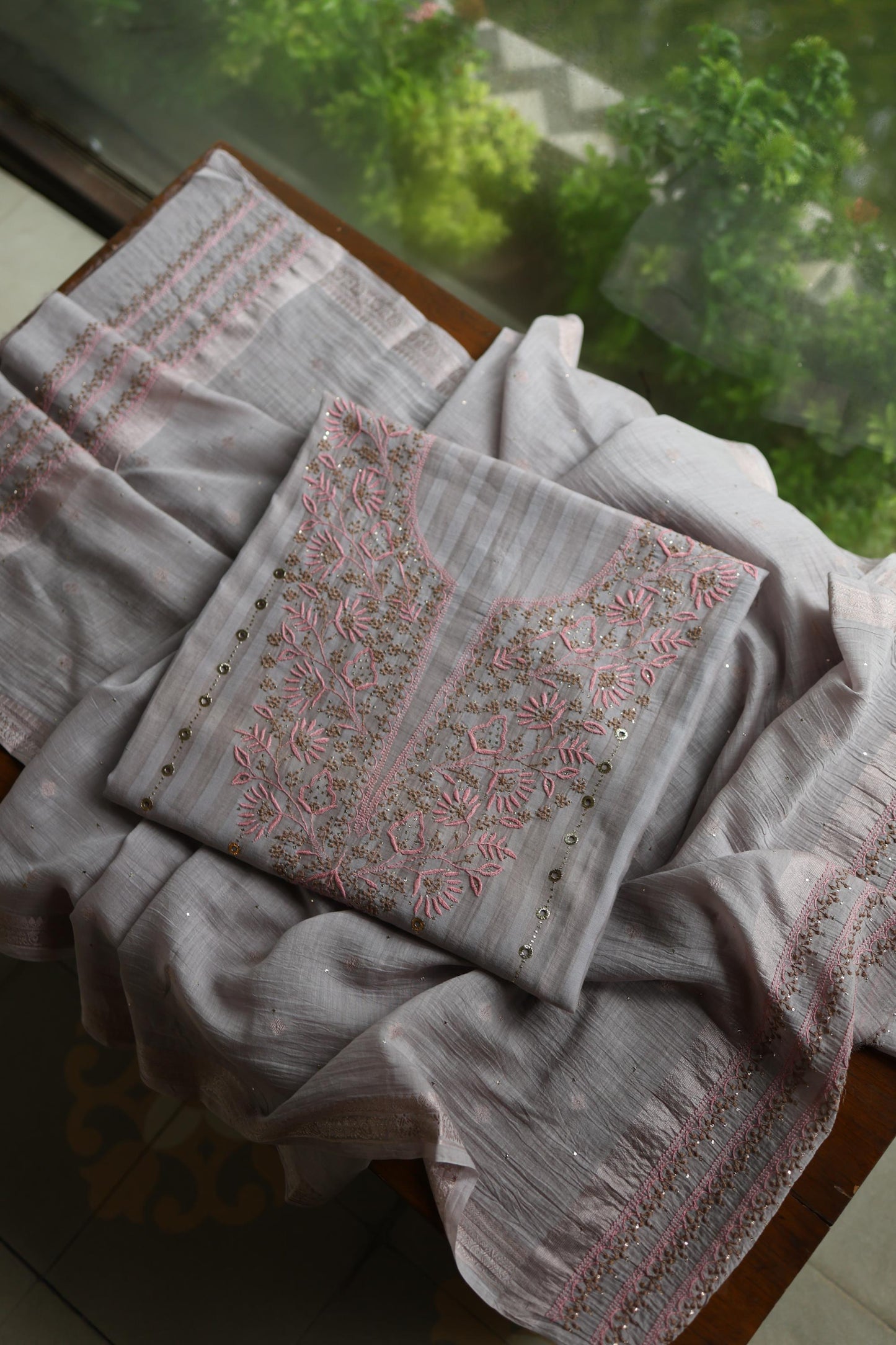 Natural Grey Mal Chanderi Chikankari With Mukaish Ring Line Unstitched Fabric