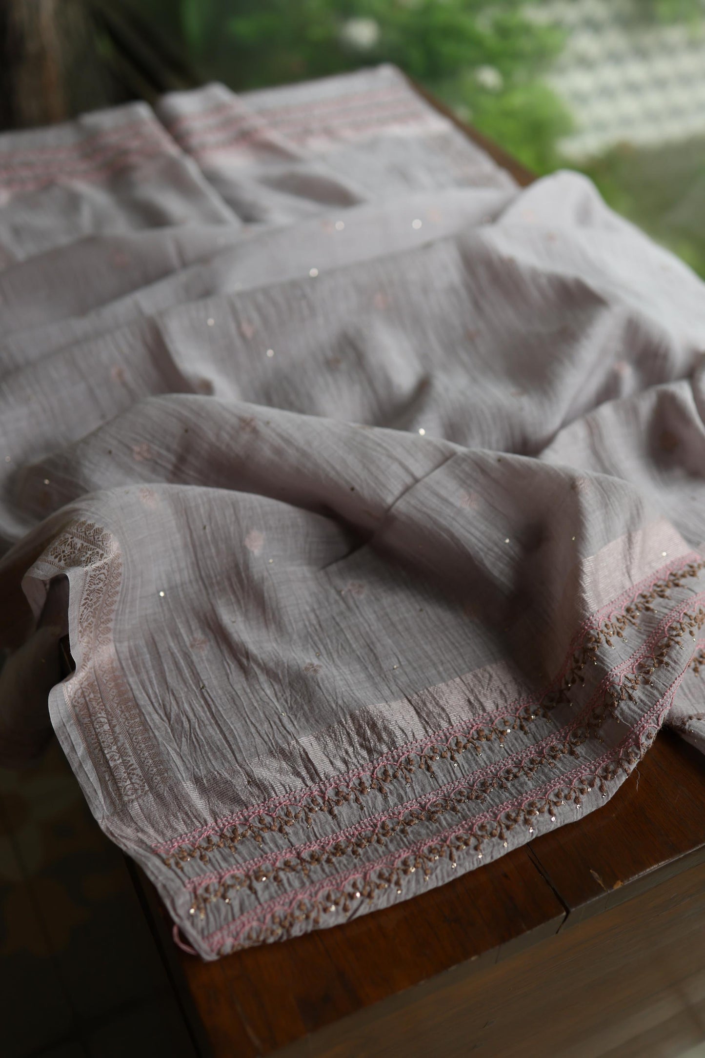 Natural Grey Mal Chanderi Chikankari With Mukaish Ring Line Unstitched Fabric