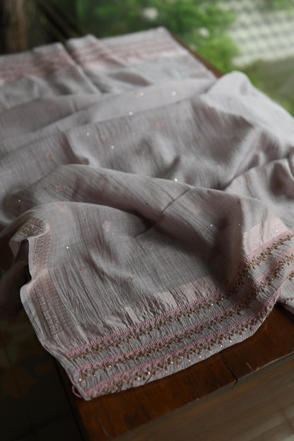 Natural Grey Mal Chanderi Chikankari With Mukaish Ring Line Unstitched Fabric