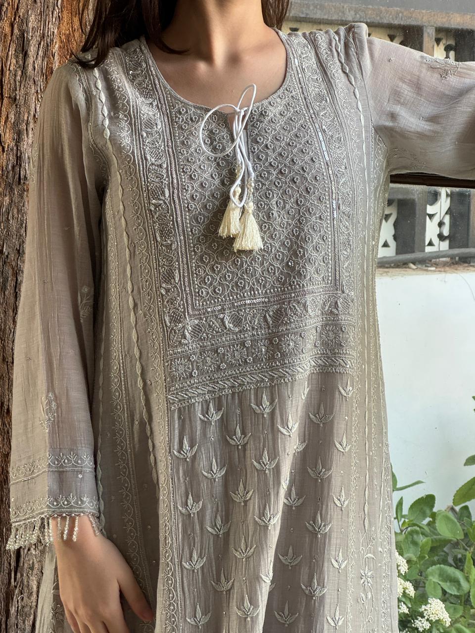 Natural Grey Mal Chanderi Mukaish Kamdani Chikankari Anarkali