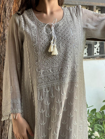 Natural Grey Mal Chanderi Mukaish Kamdani Chikankari Anarkali