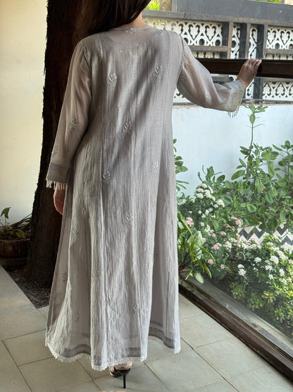 Natural Grey Mal Chanderi Mukaish Kamdani Chikankari Anarkali