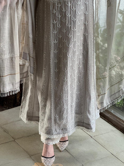 Natural Grey Mal Chanderi Mukaish Kamdani Chikankari Anarkali