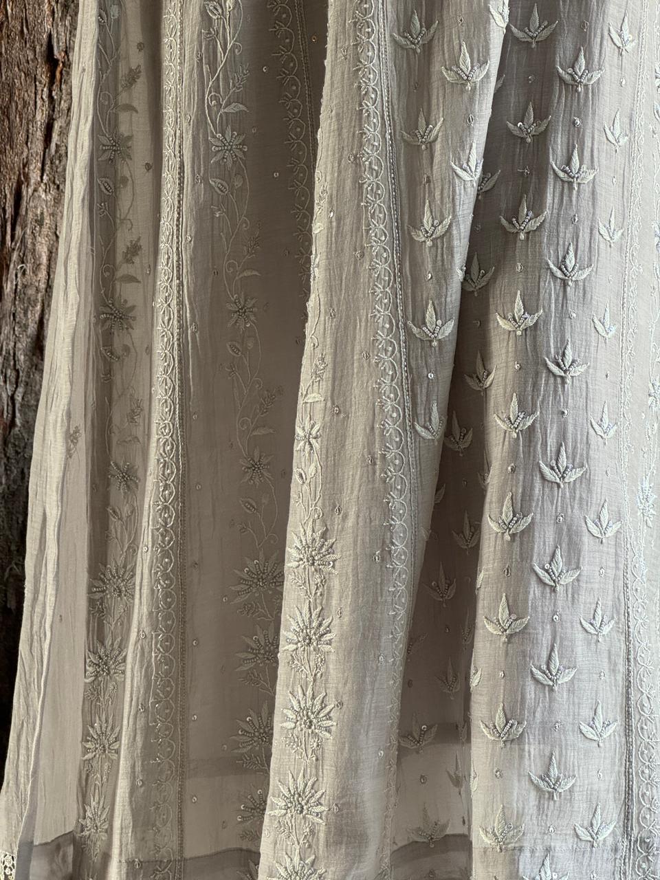 Natural Grey Mal Chanderi Mukaish Kamdani Chikankari Anarkali