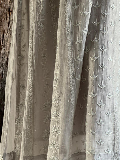 Natural Grey Mal Chanderi Mukaish Kamdani Chikankari Anarkali