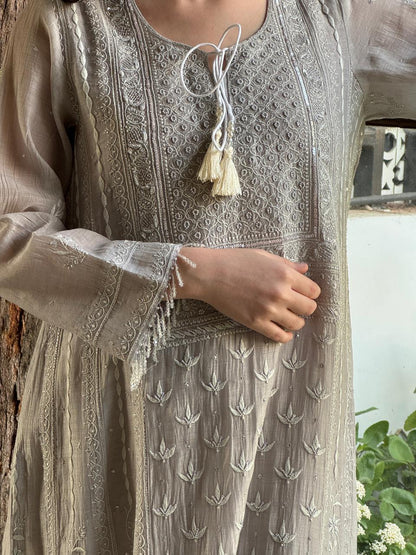Natural Grey Mal Chanderi Mukaish Kamdani Chikankari Anarkali