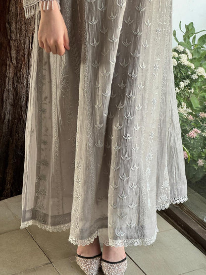 Natural Grey Mal Chanderi Mukaish Kamdani Chikankari Anarkali