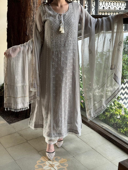 Natural Grey Mal Chanderi Mukaish Kamdani Chikankari Anarkali
