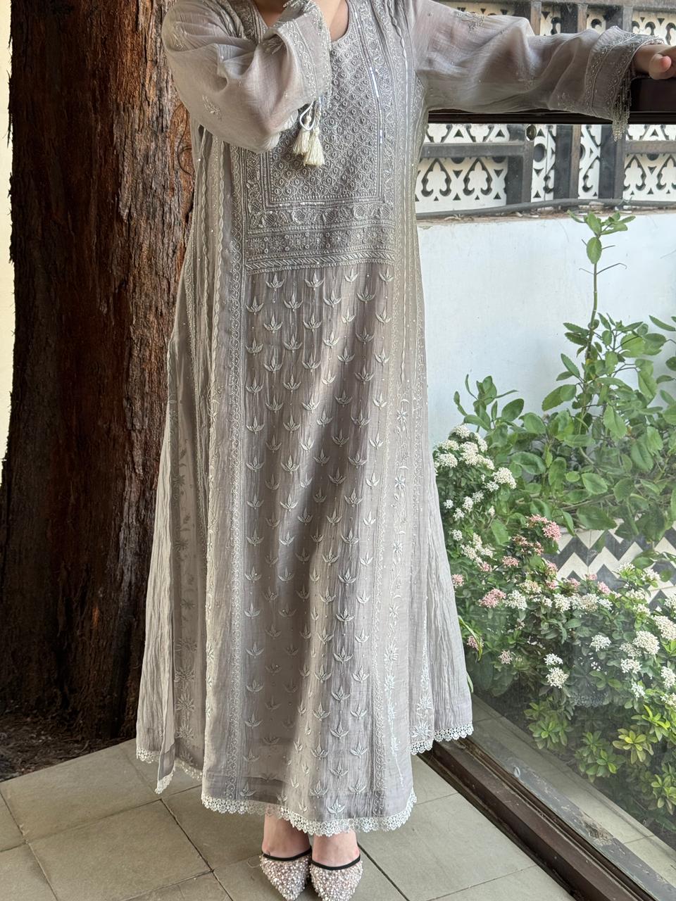 Natural Grey Mal Chanderi Mukaish Kamdani Chikankari Anarkali