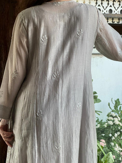 Natural Grey Mal Chanderi Mukaish Kamdani Chikankari Anarkali
