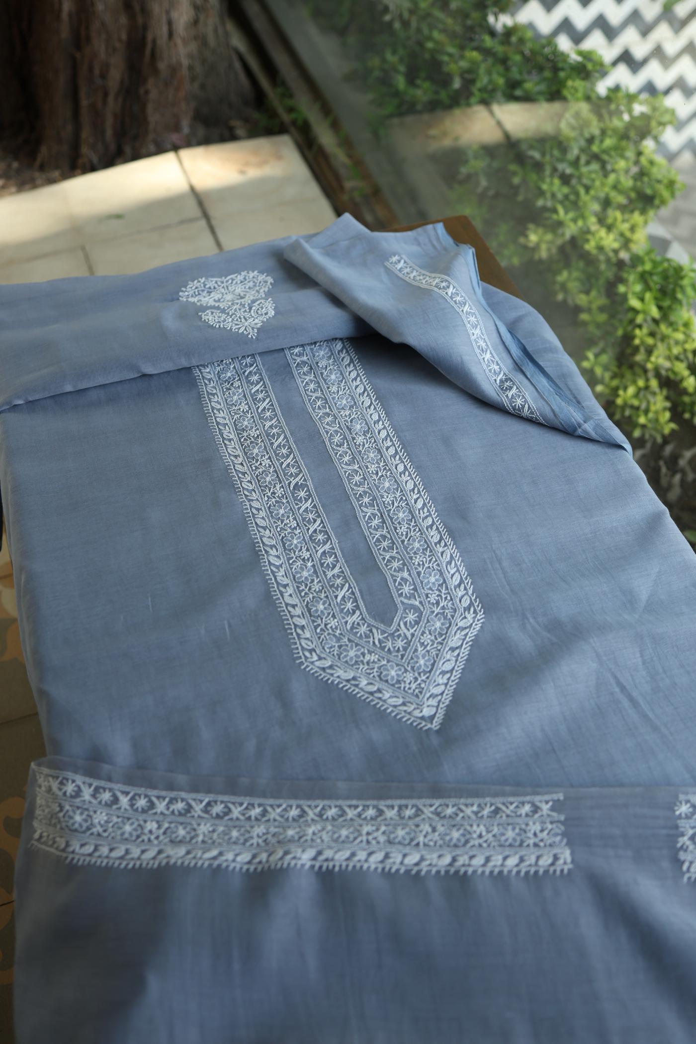 Natural Grey Mulmul Chikankari Unstitched Men's Kurtas Fabric