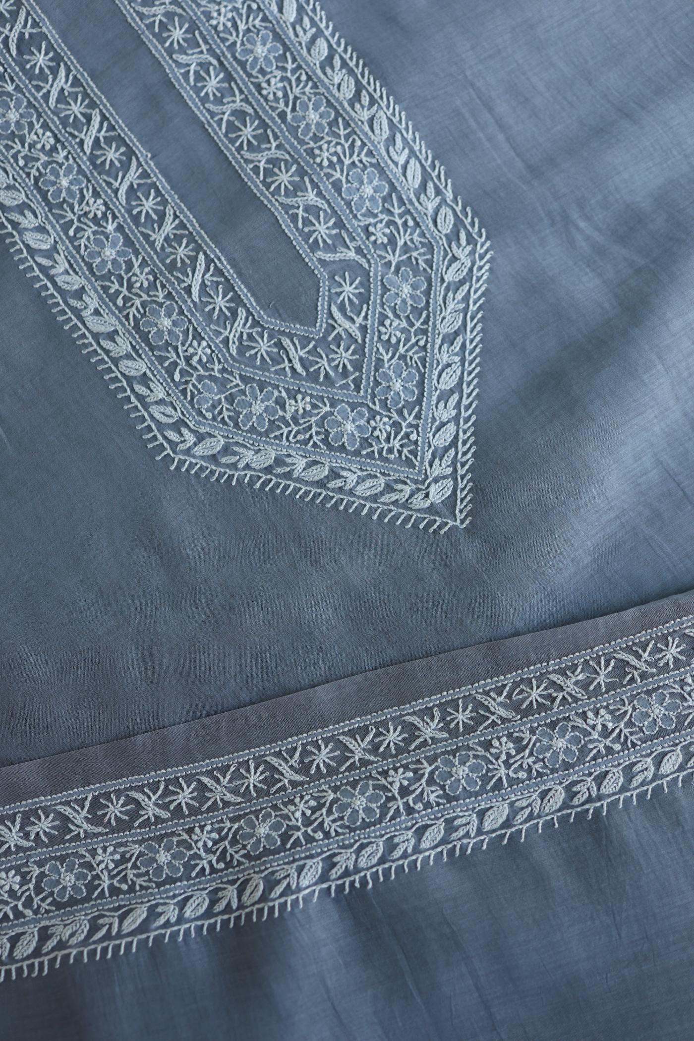 Natural Grey Mulmul Chikankari Unstitched Men's Kurtas Fabric