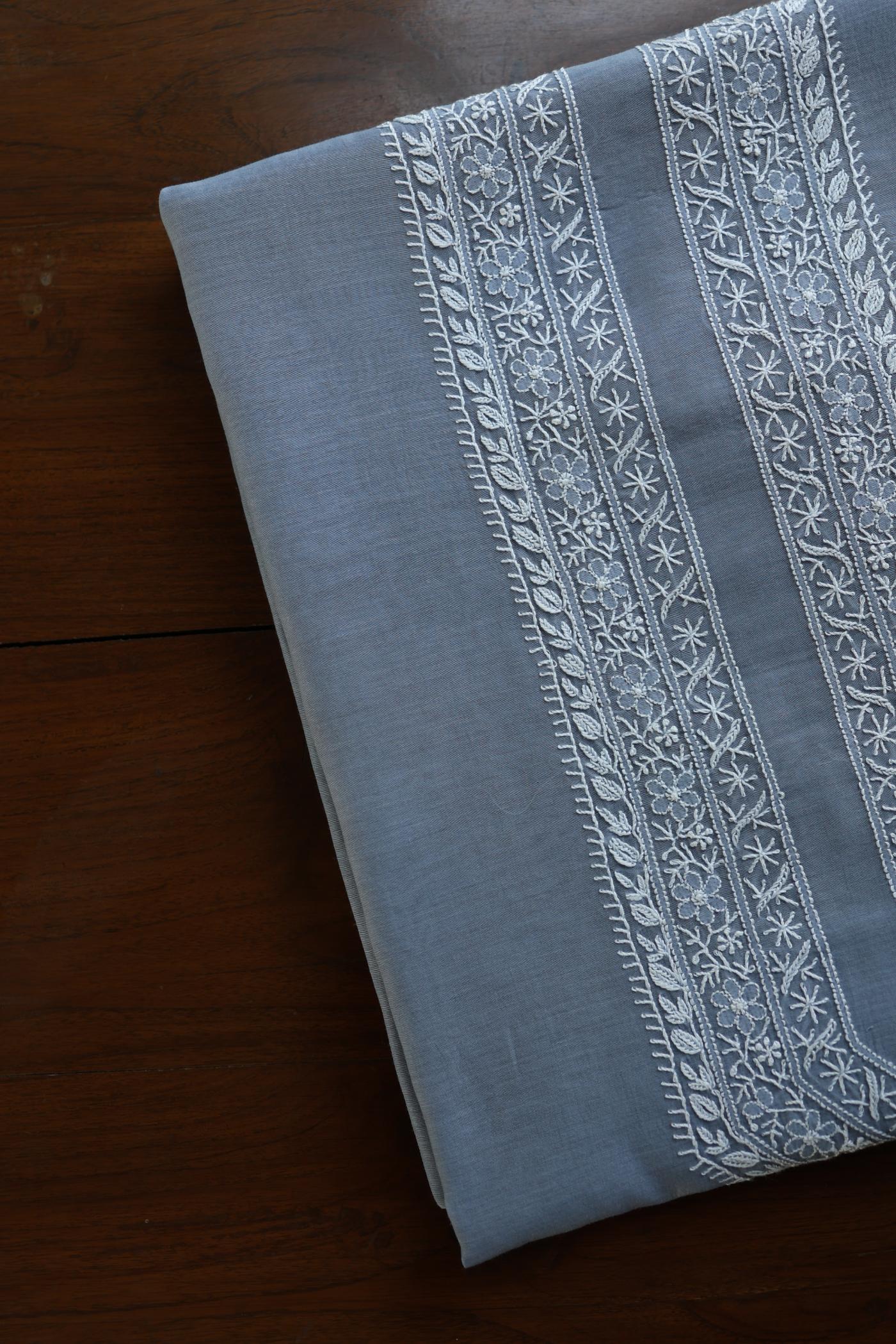 Natural Grey Mulmul Chikankari Unstitched Men's Kurtas Fabric