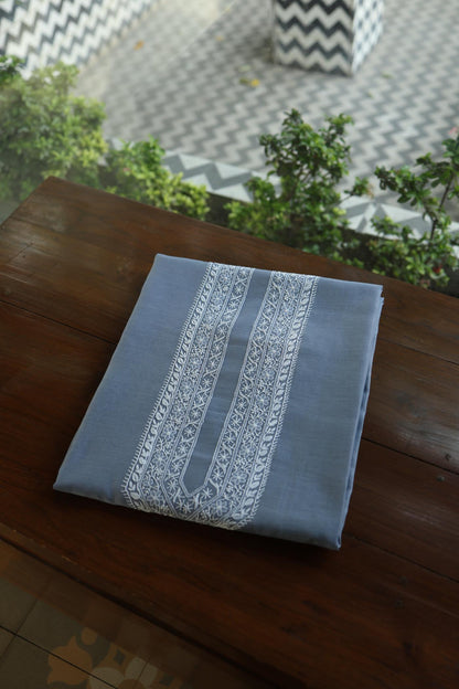 Natural Grey Mulmul Chikankari Unstitched Men's Kurtas Fabric