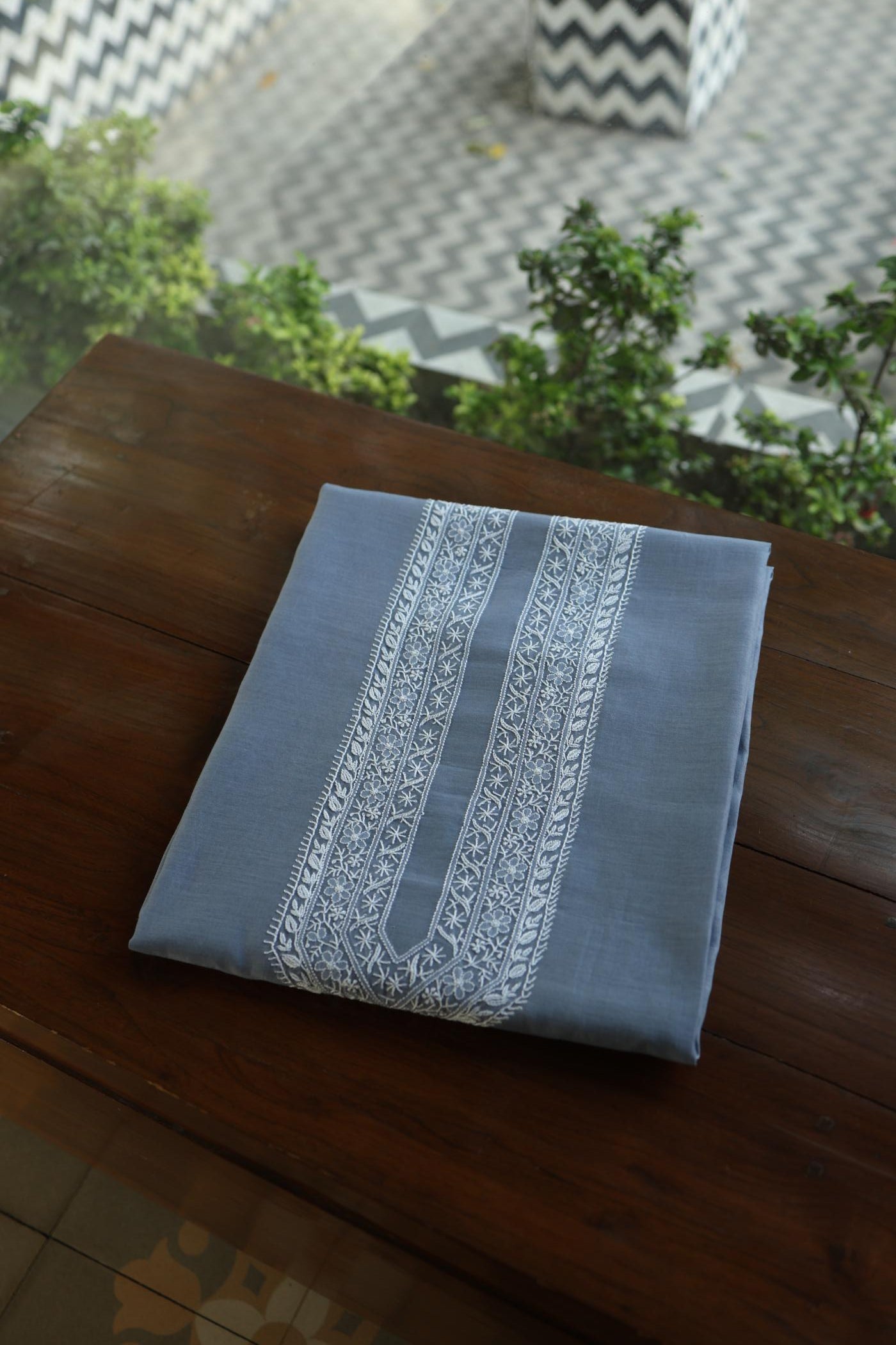 Natural Grey Mulmul Chikankari Unstitched Men's Kurtas Fabric
