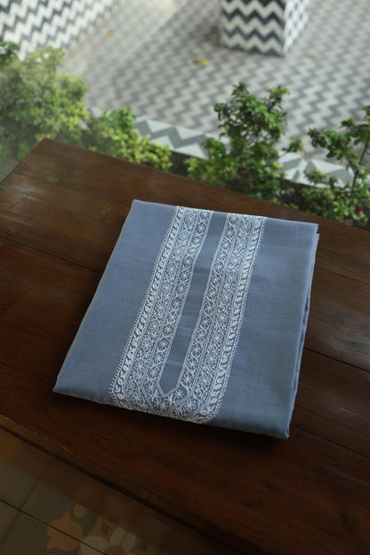 Natural Grey Mulmul Chikankari Unstitched Men's Kurtas Fabric