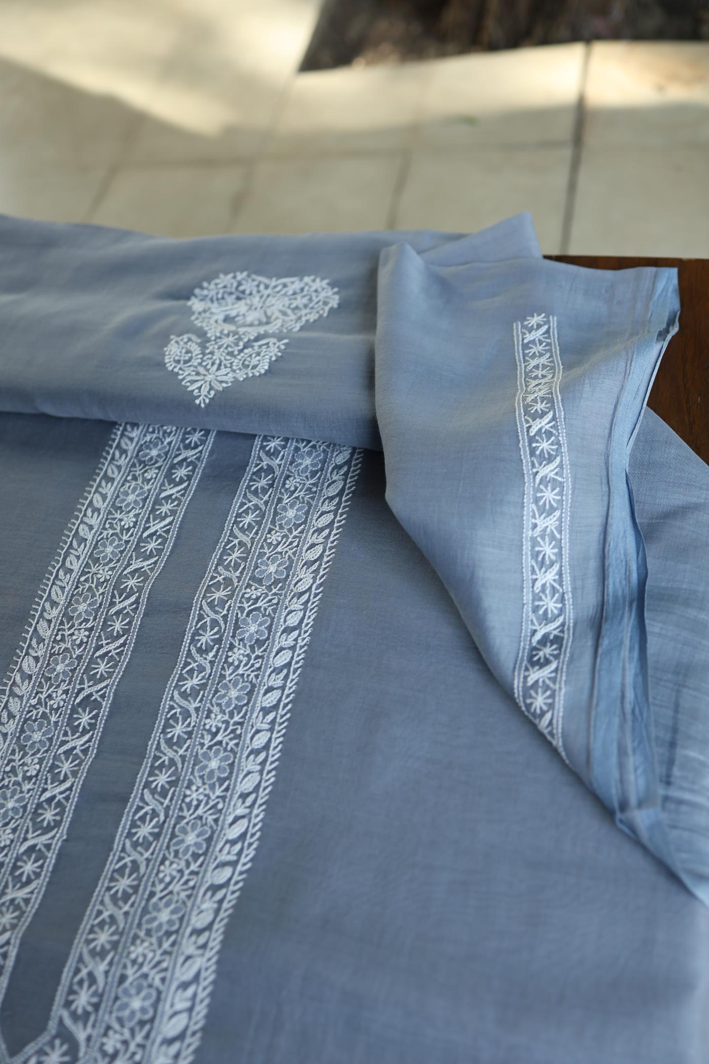 Natural Grey Mulmul Chikankari Unstitched Men's Kurtas Fabric
