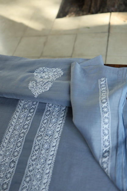 Natural Grey Mulmul Chikankari Unstitched Men's Kurtas Fabric