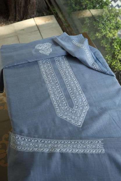 Natural Grey Mulmul Chikankari Unstitched Men's Kurtas Fabric
