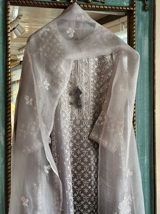 Natural Grey Ombre Shade Noor Organza Chikankari Anarkali With Dupatta