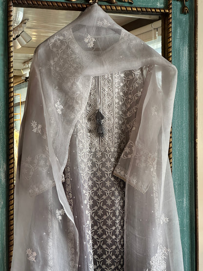 Natural Grey Ombre Shade Noor Organza Chikankari Anarkali With Dupatta