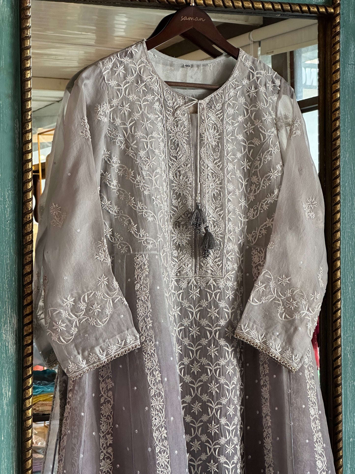 Natural Grey Ombre Shade Noor Organza Chikankari Anarkali With Dupatta