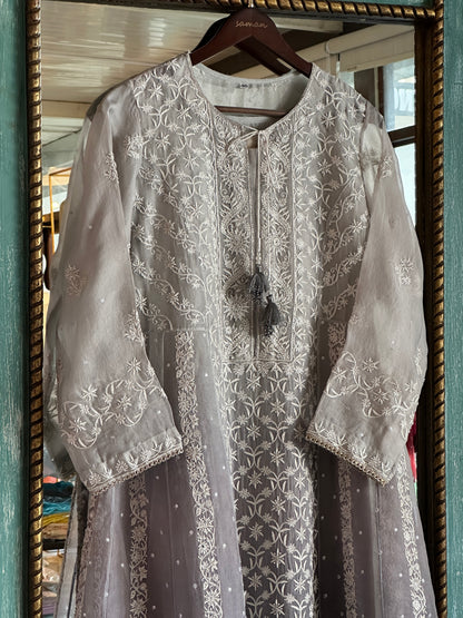 Natural Grey Ombre Shade Noor Organza Chikankari Anarkali With Dupatta