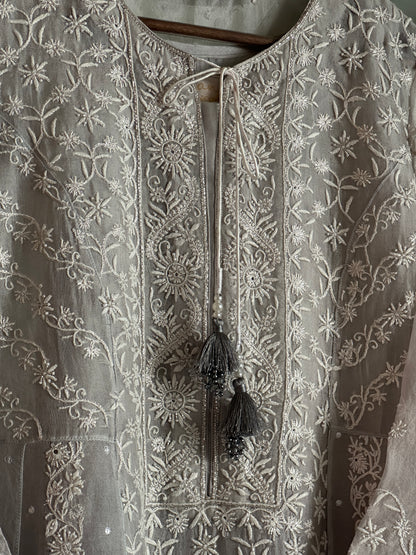 Natural Grey Ombre Shade Noor Organza Chikankari Anarkali With Dupatta