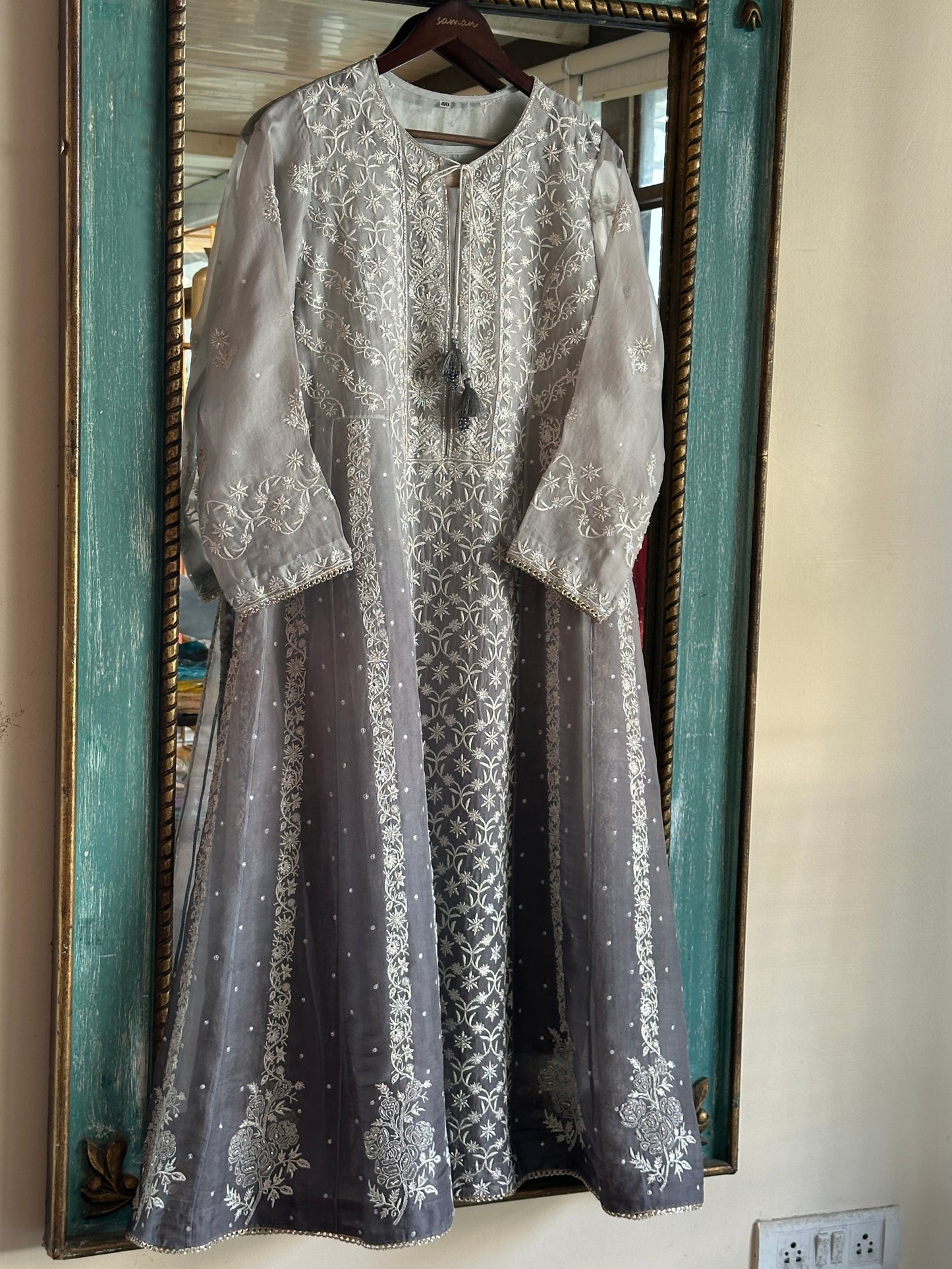 Natural Grey Ombre Shade Noor Organza Chikankari Anarkali With Dupatta
