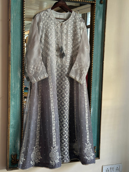 Natural Grey Ombre Shade Noor Organza Chikankari Anarkali With Dupatta
