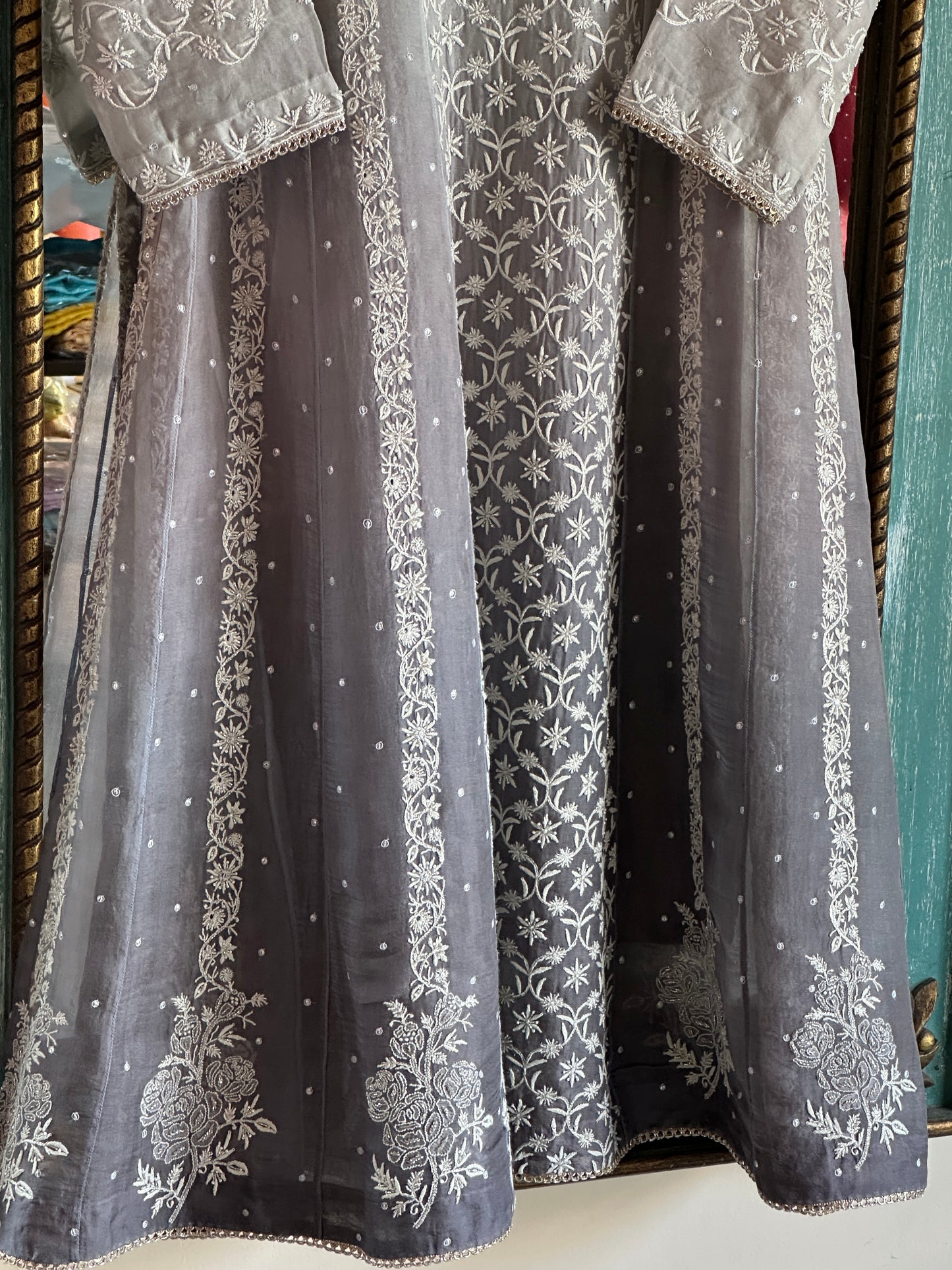 Natural Grey Ombre Shade Noor Organza Chikankari Anarkali With Dupatta