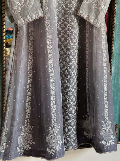 Natural Grey Ombre Shade Noor Organza Chikankari Anarkali With Dupatta