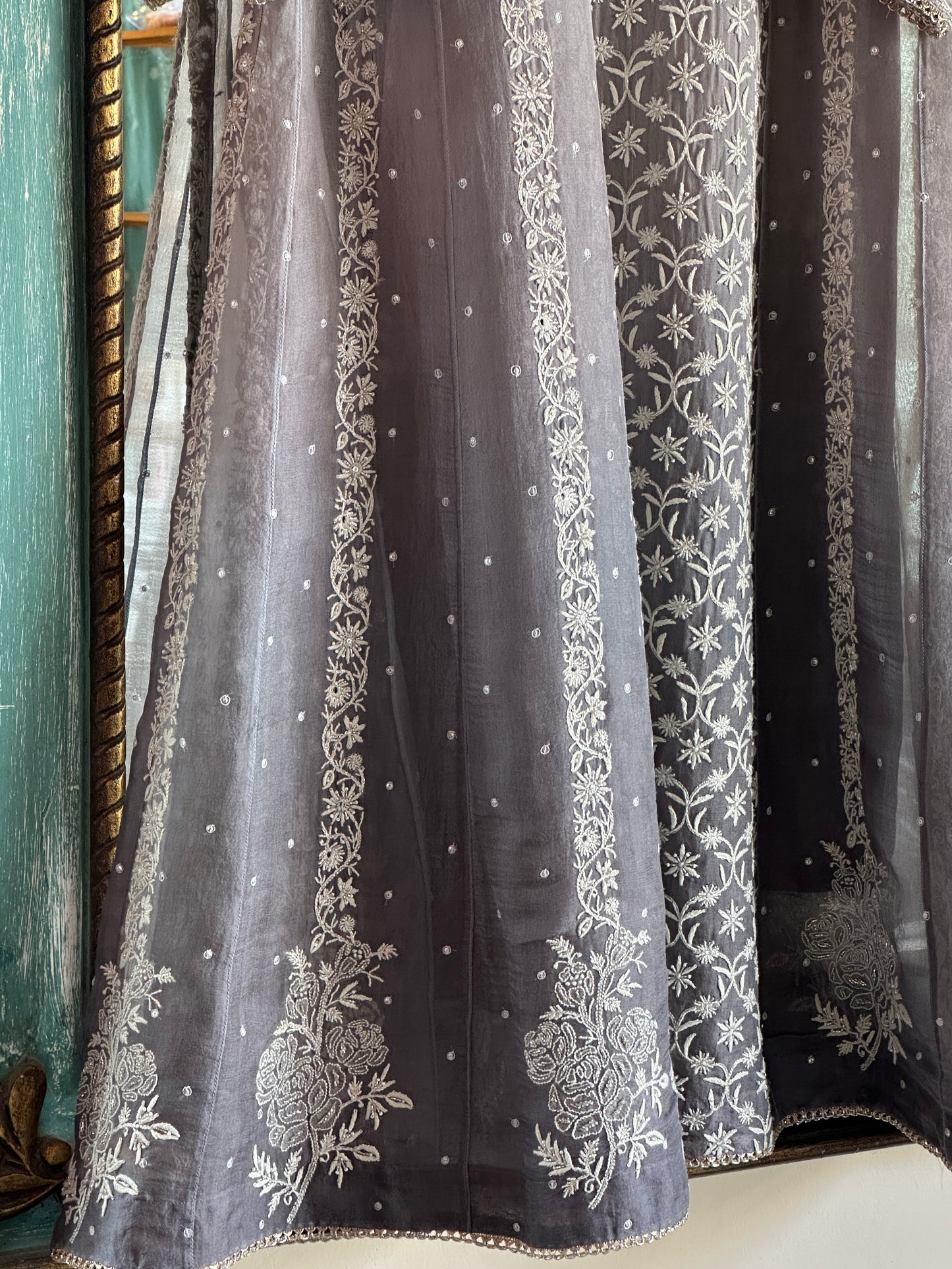 Natural Grey Ombre Shade Noor Organza Chikankari Anarkali With Dupatta
