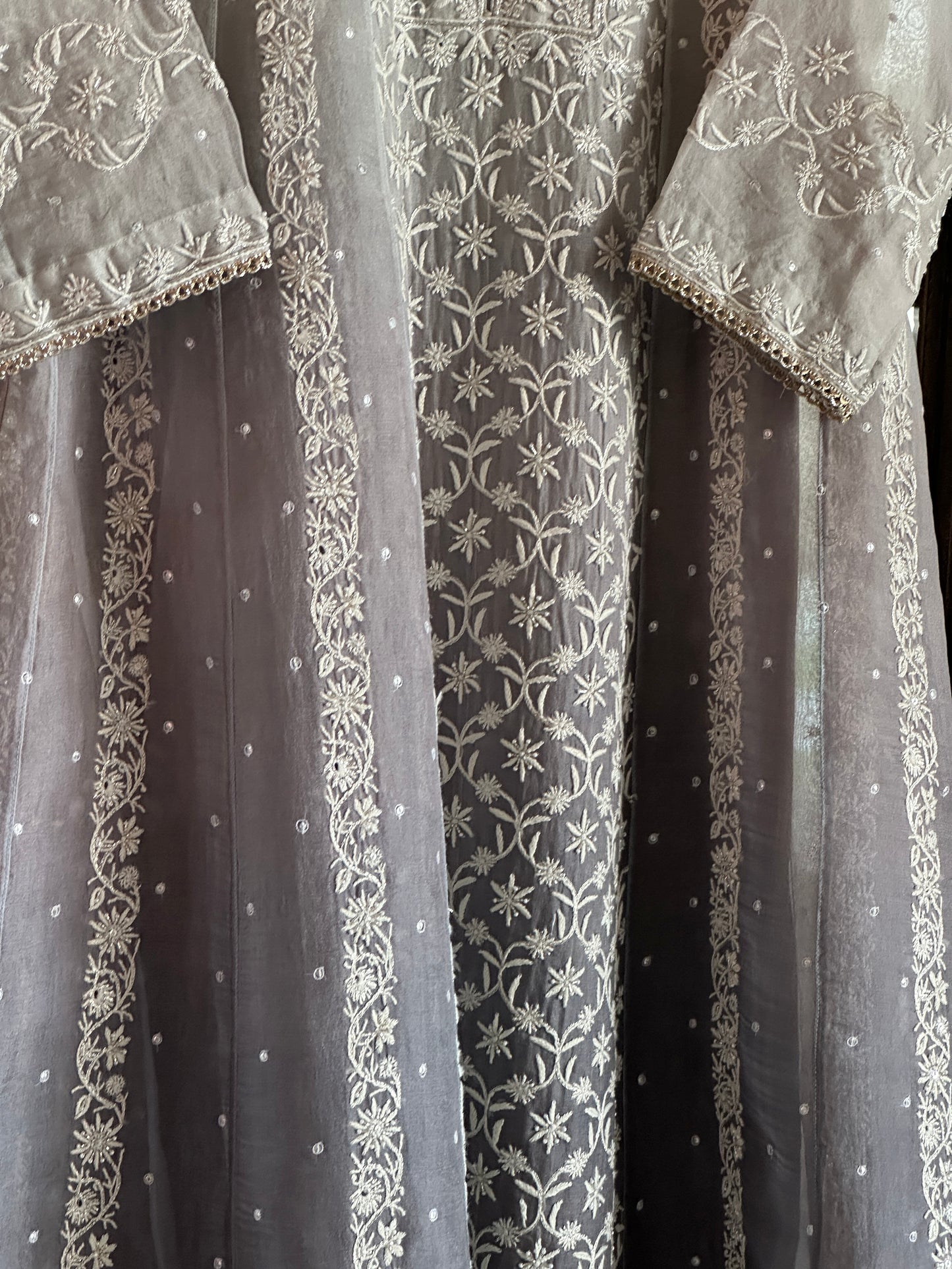 Natural Grey Ombre Shade Noor Organza Chikankari Anarkali With Dupatta