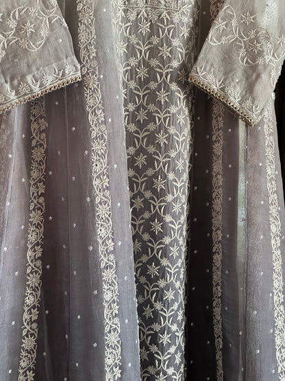 Natural Grey Ombre Shade Noor Organza Chikankari Anarkali With Dupatta