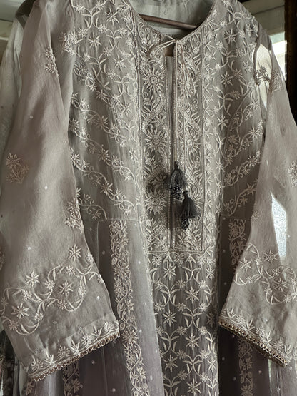 Natural Grey Ombre Shade Noor Organza Chikankari Anarkali With Dupatta