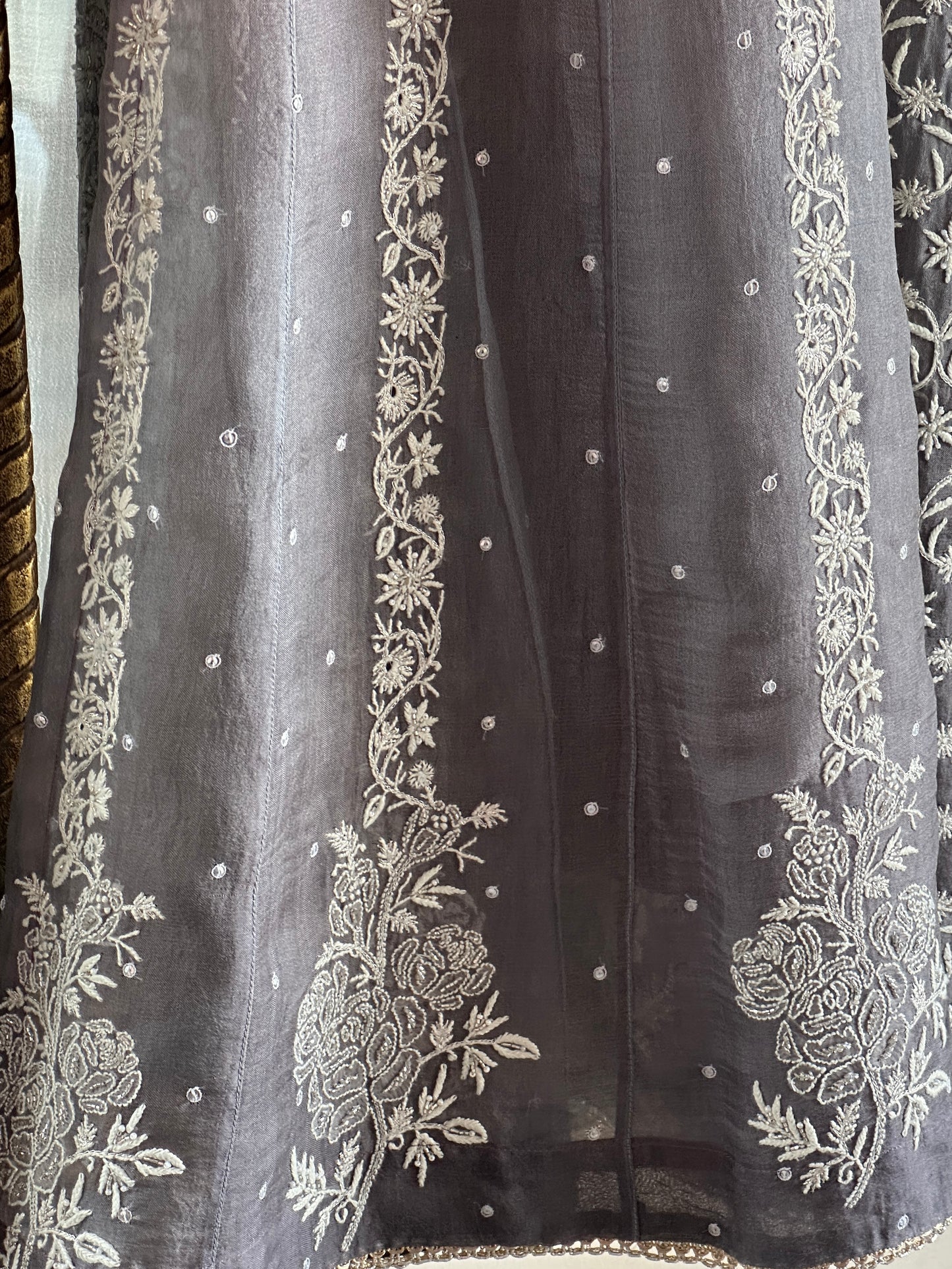 Natural Grey Ombre Shade Noor Organza Chikankari Anarkali With Dupatta