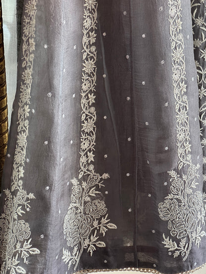 Natural Grey Ombre Shade Noor Organza Chikankari Anarkali With Dupatta