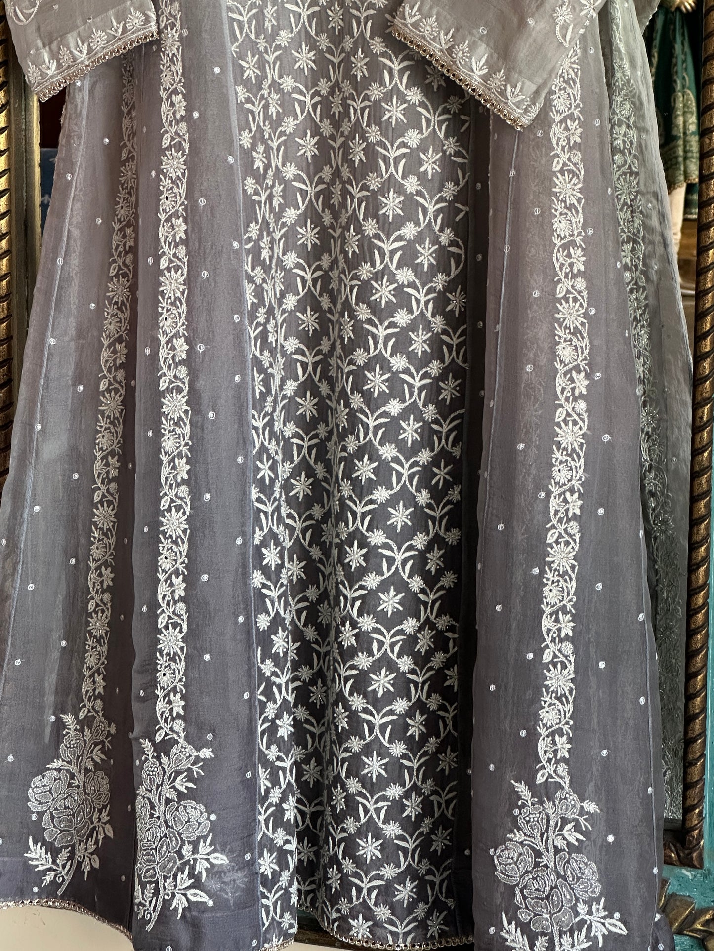 Natural Grey Ombre Shade Noor Organza Chikankari Anarkali With Dupatta