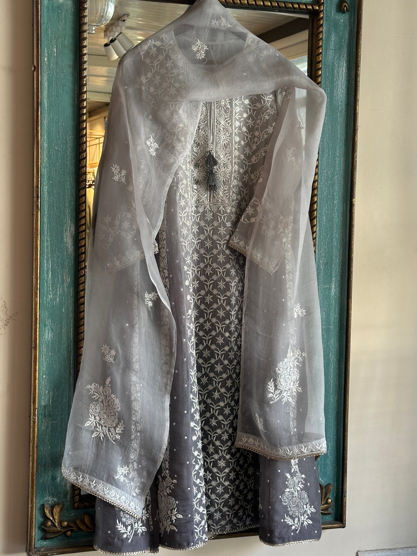 Natural Grey Ombre Shade Noor Organza Chikankari Anarkali With Dupatta